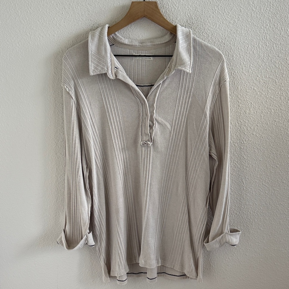 Free People We The Free Cream Ribbed Top Collar Long Sleeve Tunic Medium